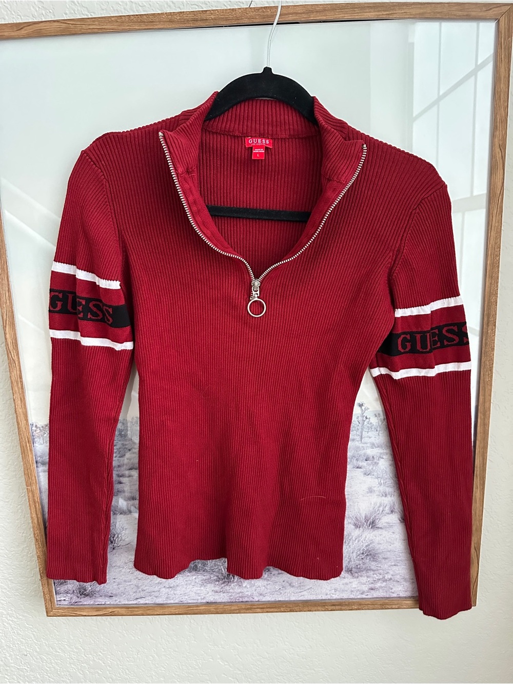 GUESS Los Angeles Women’s L Burgundy Ribbed Quarter Zip Logo Sweater Y2K
